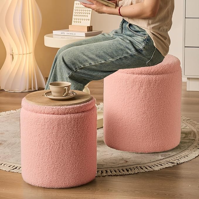 Round Ottoman with Storage Set of 2-Upholstered Sherpa Vanity Stool for MakeupMultifunctional Ottomans Coffee Table Padded Seat Foot Rest for LivingRoom&Bedroom(Sherpa Pink)