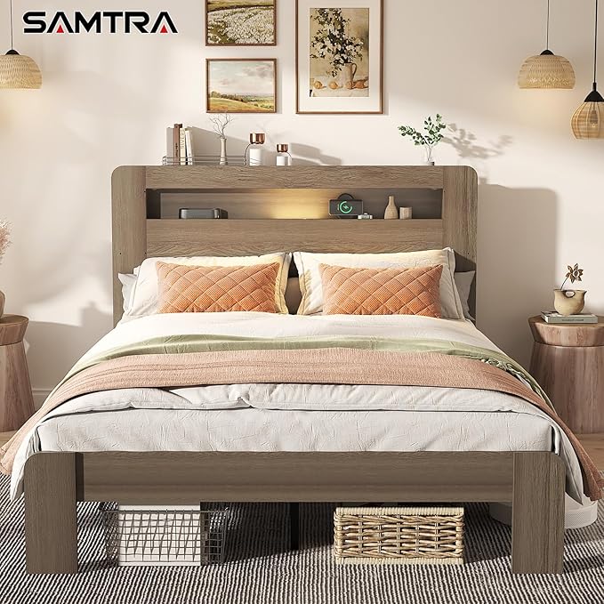 Wooden Bed Frame Queen Size with Storage Headboard - Farmhouse Platform Bed Frame with Bookcase Shelf & Led Lights, Sturdy Wood Slat Framework Bed Frame (Light Brown LED)