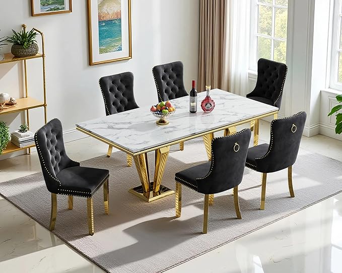 70" Faux Marble Dining Table Set for 6, 7-Piece Dining Set with White Gold Kitchen Table and 6 Velvet Tufted Chairs, Modern Rectangular Dining Room Table with Diamond-Shape Stainless Steel Base