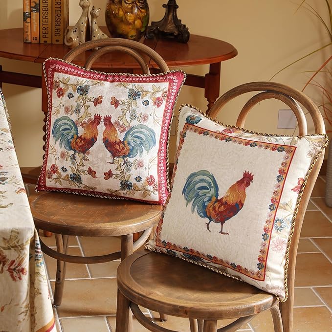 patdrea Designer Pack of 2 Square Throw Pillow Covers,Farmhouse Red Linen with Animals and Floral Pattern Pillows Cover,Decorative Pillowcases Cushion for Bed Living Room Outdoor Car,18"x18"