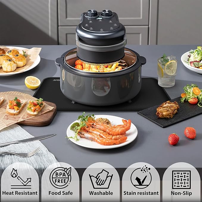 Heat Resistant Mat for Air Fryer Site - 19.6 x 11.8in, Fireproof Silicone Mats for Kitchen Counter, Heat Proof Mat, Non-slip & Waterproof for Deep Fryer, Oven, Coffee machine (Black)