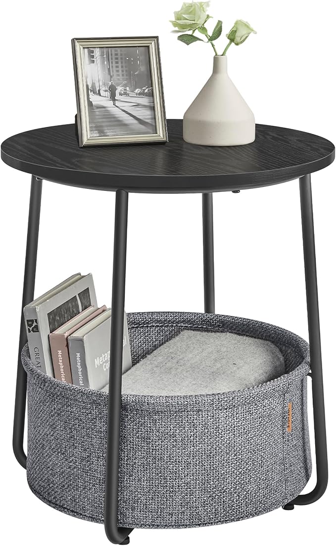 VASAGLE Small Round Side End Table, Modern Nightstand with Fabric Basket, Ebony Black and Slate Gray ULET223B01