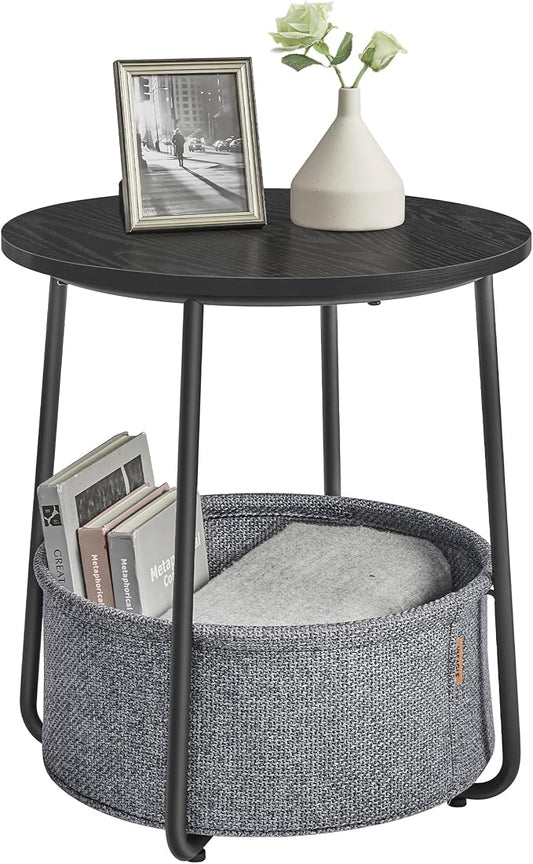 VASAGLE Small Round Side End Table, Modern Nightstand with Fabric Basket, Ebony Black and Slate Gray ULET223B01