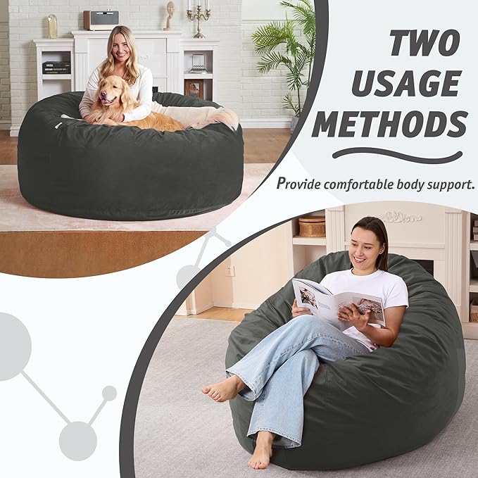 4FT Bean Bag Chair with Ultra Soft Velvet Cover Bean Bag Sofa with Memory Foam Bean Bag Chairs with Large Size Lazy Sofa for Dorm Office Living Room Bedroom Grey 4'