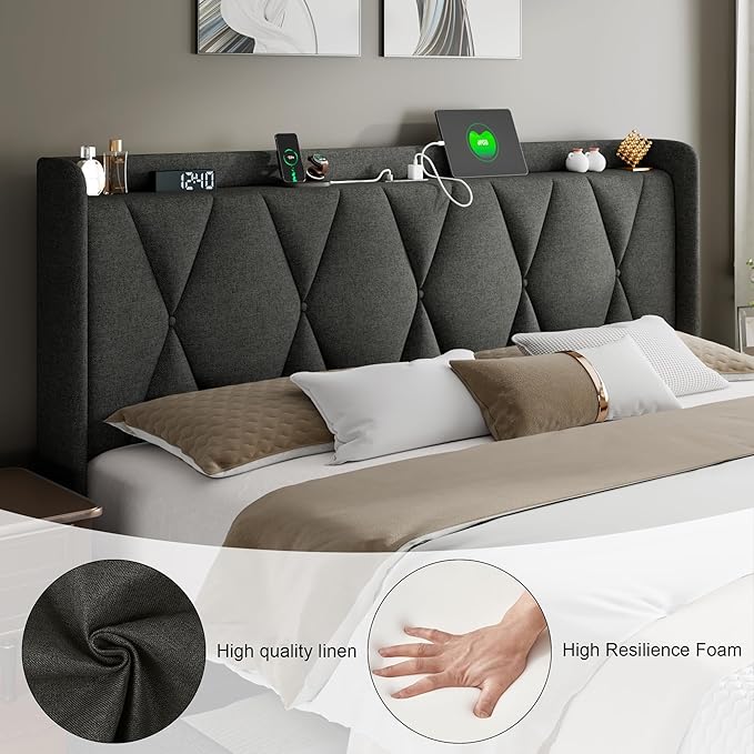 Feonase King Size Bed Frame with 4 Storage Drawers, Upholstered Platform Bed with Charging Station, Wingback Storage Headboard, Wooden Slats Support, No Box Spring Needed, Easy-Assembly, Dark Grey