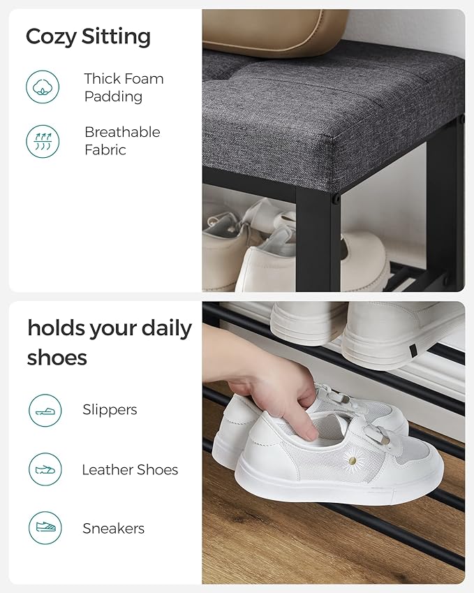 SONGMICS Shoe Bench, Storage Bench, Entryway Bench with Cushion, Shoe Shelf with Seat, Space-Saving, Modern Style, for Living Room, Bedroom, Hallway, Dark Gray and Ink Black ULBS57GYZ