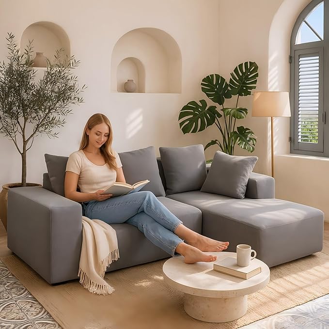KEIKI L-Shape Cloud Sectional Sofa, 96” Modern Modular Boneless Couch with Left Chaise Lounge, Upholstered Couches for Living Room Bedroom, Grey