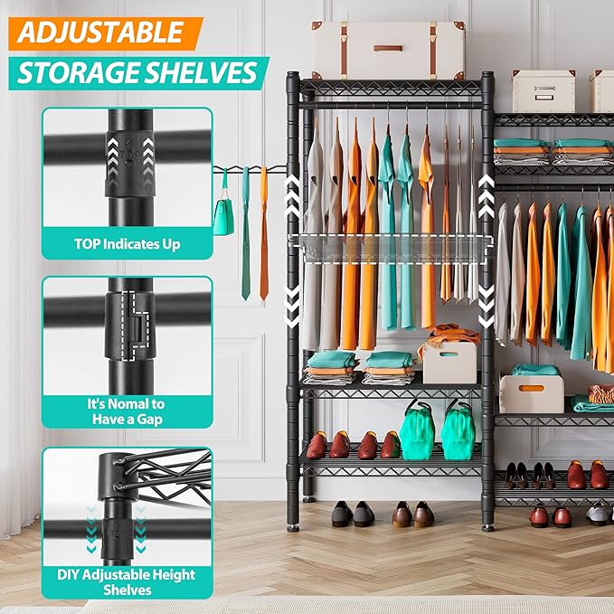 PUNION Clothing Rack 7 Tiers Heavy Duty Clothes Rack with 2 Hanging Rods, Wire Garment Racks for Hanging Clothes, Large Portable Metal Wardrobe Clothes, 48"L X 16"W X 77"H, Max Load 620lbs Black, GR7E