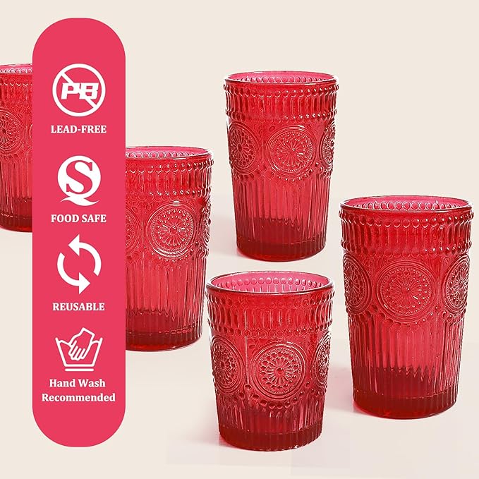 12pcs Vintage Drinking Glasses Set, 12 oz Highball Glasses & 9 oz Embossed Ribbed Glassware Cups for Cocktail, Water, Juice, Coffee, Whiskey (Christmas Red)