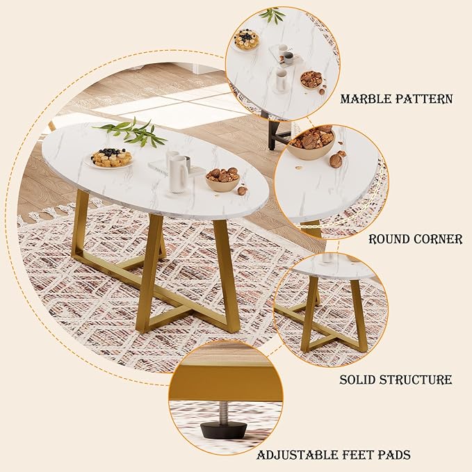 Coffee Table White Faux Marble Coffee Table for Living Room,Oval Center Tables Modern Tea Table for Small Space,Wooden Living Room Tables End Table with Sturdy Gold Metal Leg