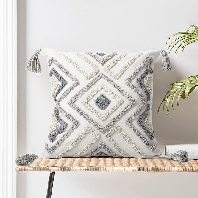 Boho Pillow Covers 18X18 Inch Boho Tufted Throw Pillow Covers Decorative Tassels Cushion Cover Farmhouse Pillow Case for Couch Sofa Bed Living Room Bedroom, Grey Netural