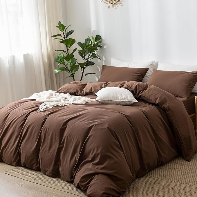 MooMee Bedding Duvet Cover Set 100% Washed Cotton Linen Like Textured Breathable Durable Soft Comfy (Solid Cocoa Brown, Full 80"x90")