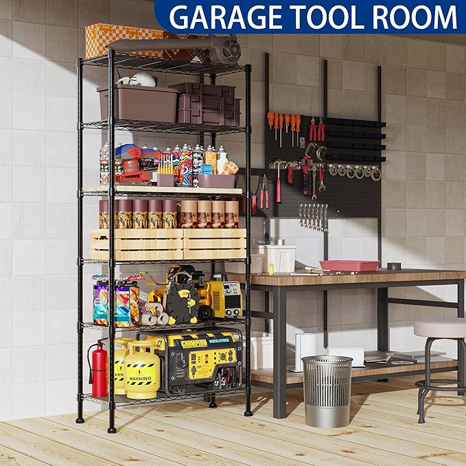 REGILLER 6-Wire Shelving Metal Storage Rack Adjustable Shelves,Standing Storage Shelf Units for Laundry Bathroom Kitchen Pantry Closet(Black,14.1" D x 30" W x 80" H)