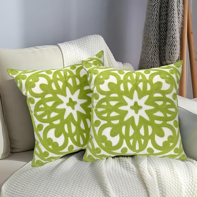Alysheer Embroidered Summer Decorative Throw Pillow Covers 18"x18" Set of 2, Classic Boho Mandala Green Pattern Cotton Canvas Chic Cushion Cases for Sofa Couch Bed Living Room Decor (Chartreuse Green)
