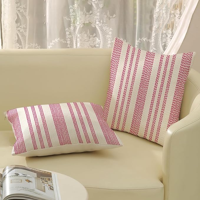 Boho Pillow Covers 18x18 Pack of 2 Hot Pink Polka Dot Stripes Throw Pillow Covers Bohemian Abstract Modern Decorative Pillowcase Farmhouse Linen Cushion Case for Home Couch,Outdoor Decoration