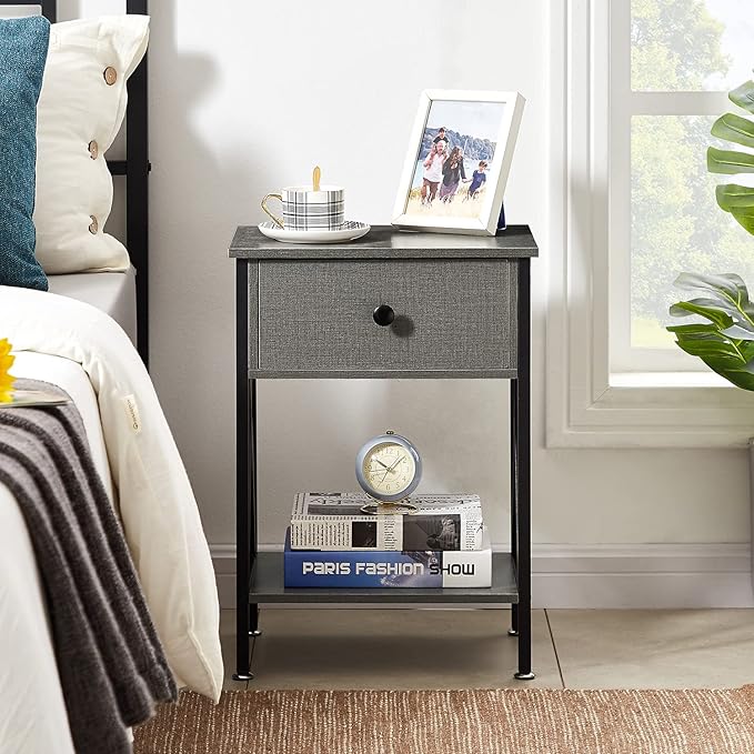 VECELO Nightstand,Modern Bedside End Table, Night Stand with Drawer and Storage Shelf for Living Room Bedroom, Industrial Metal Frame