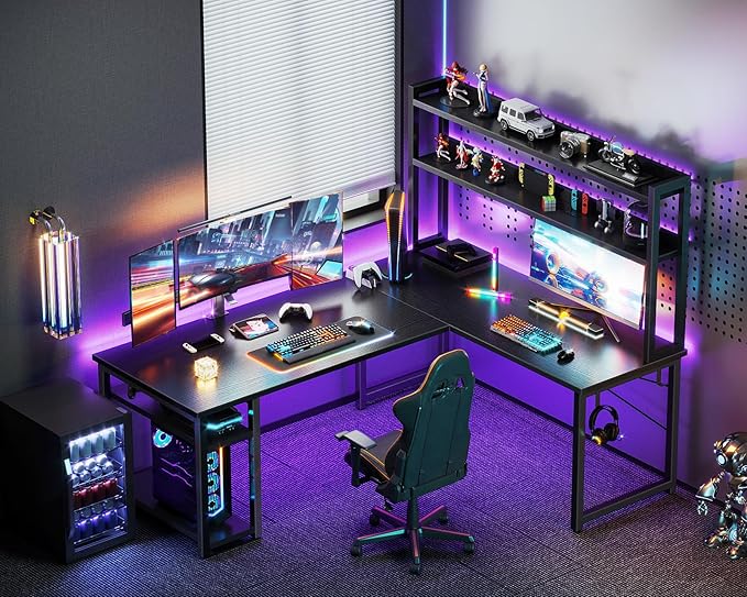 ODK 59 Inch L Shaped Gaming Desk with Hutch, Computer Desk with Storage Shelves, L Shaped Desk for Home Office, Corner Desk with Headphone Hook, Black