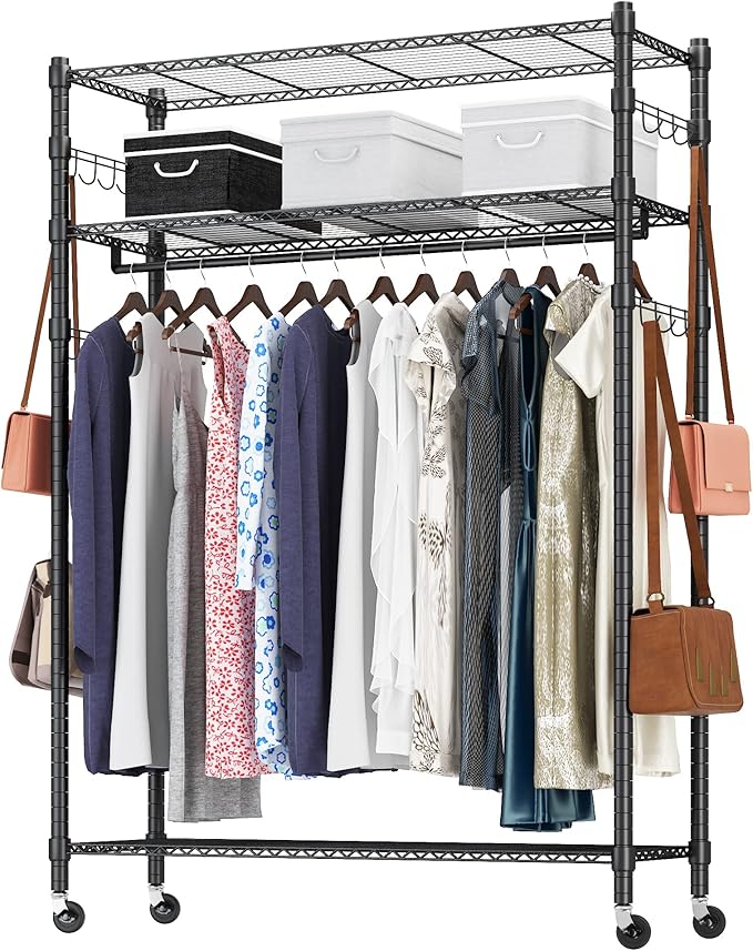 Heavy Duty Clothes Rack, Adjustable Rolling Garment Rack with Shelves, Freestanding Wardrobe Rack 1 Clothes Hanging Bar, 3 tired Wire Shelving, 4 Hanger Hooks - Hold Up to 400Lbs (Black, 1Rod 4Hook)