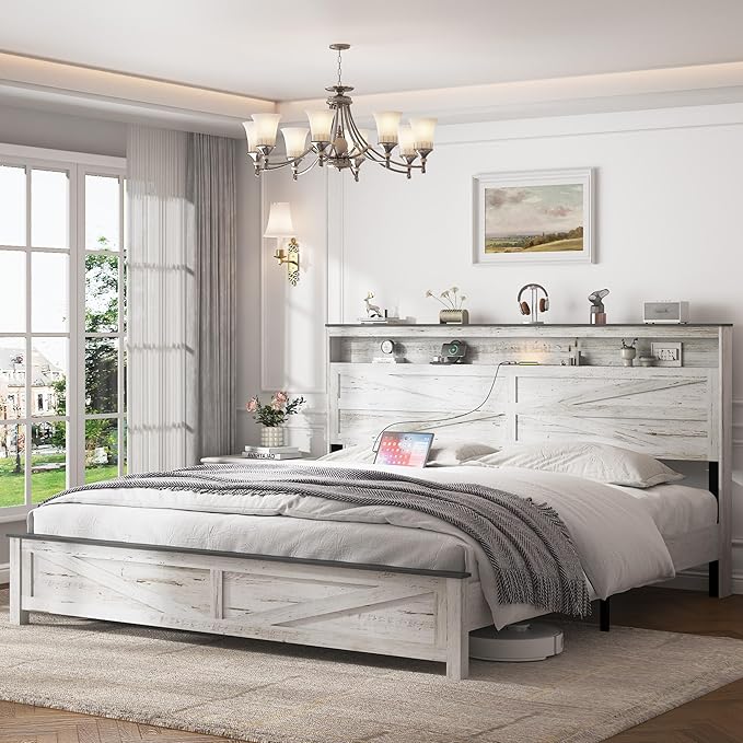 Farmhouse Wooden Bed Frame King Size with Storage Headboard, Boho Platform Bedframe with LED Lights and Charging Station, Metal Slats Support, No Box Spring Needed, White