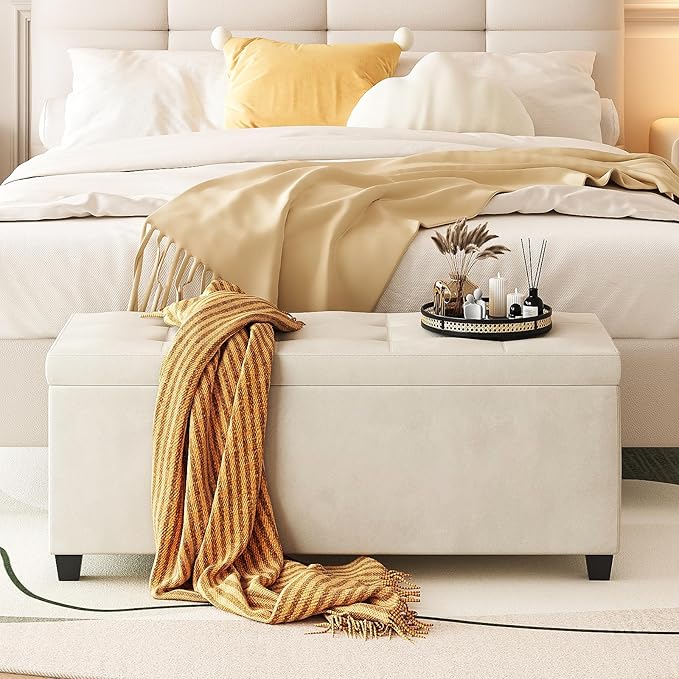 GiftGo Storage Ottoman Bench Foot Rest with Legs End of Bed Bench, Storage Chest, Load up to 660 lb, for Living Room, Bedroom, Entryway (White)