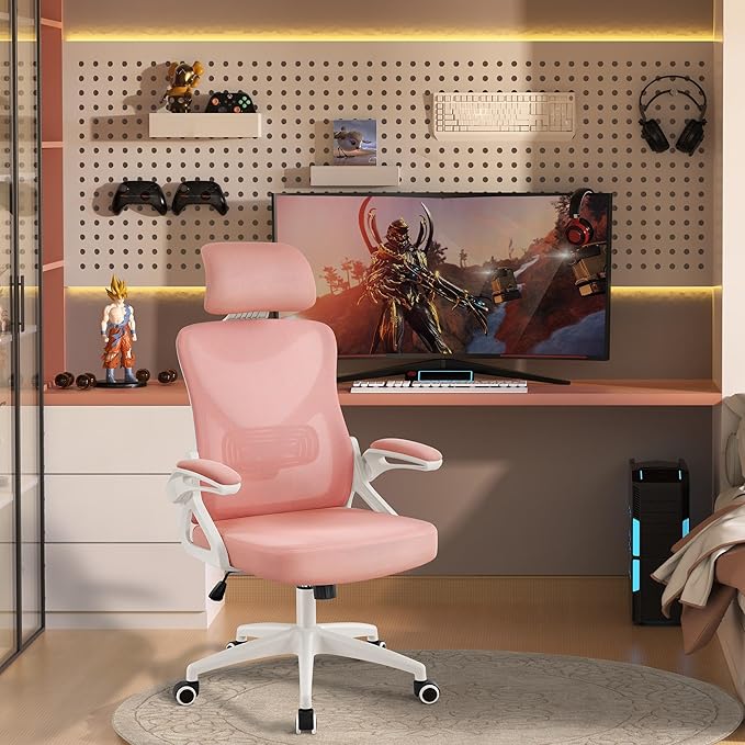 Yaheetech Ergonomic Office Chair, High Back Mesh Desk Chair with flip-up Armrests, Adjustable Headrest Computer Chair with Lumbar Support for Home Oiffce Gaming Room, White/Pink