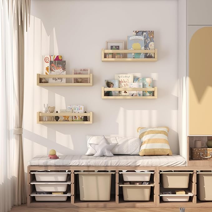 Onlysky Set of 4 Wall-Mounted Kid's Bookshelf - Wood Floating Nursery Book Shelves - Durable Wood Construction - Ideal for Nursery Decor, Kids Room, Toy Storage