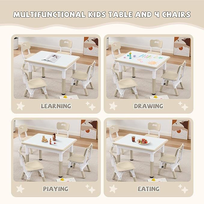 Adjustable Kids Table Chairs Set – Graffiti Desktop, Multi-Activity Height-Adjustable Toddler Study Desk for Ages 3-8 – Ideal for Home, Classroom, Daycare (B-Wood, 4 Chairs-31.5" L x 23.6" W)