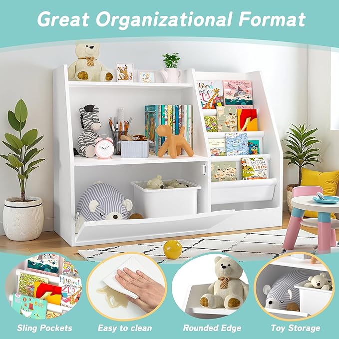 TOETOL 2 Tier Kids Bookshelf and Book Storage，4 Sling Toddler Bookshelf, Storage Boxes Book Shelf & Organizer for Nursery Playroom Classroom Library Bedroom White