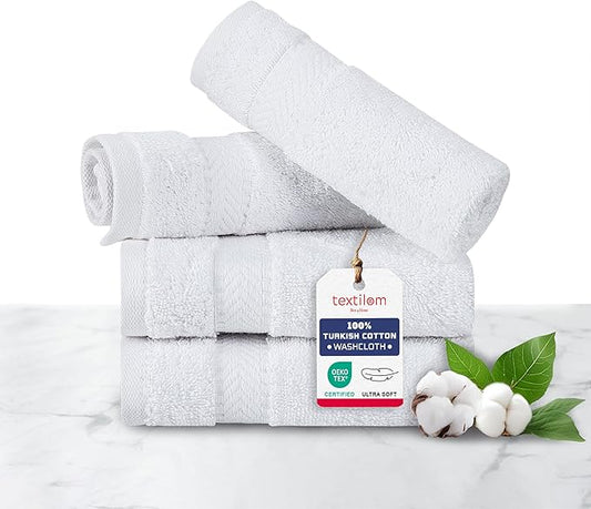 TEXTILOM 100% Turkish Cotton 4 Piece Luxury Washcloth Towel Set for Bathroom & Kitchen, Thick & Super Soft & Highly Absorbent & Quick Dry for Face and Hand- White