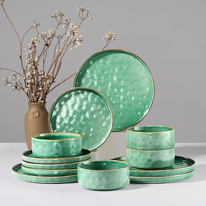 HaWare Dinnerware Sets, 12-Piece Plates and Bowls Set, Stoneware Dish Set for 4, Ceramic Dinnerware for Home Restaurant, Chip and Scratch Resistant, Microwave and Dishwasher Safe, Reactive Green