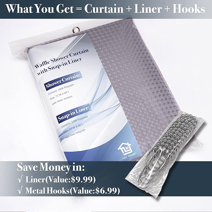 N&Y HOME Waffle Weave Shower Curtain with Snap-in Fabric Liner & 12 Metal Hooks Set - Hotel Style, Waterproof & Washable, Heavyweight Fabric & Mesh Top Window - 71x72, Lavender