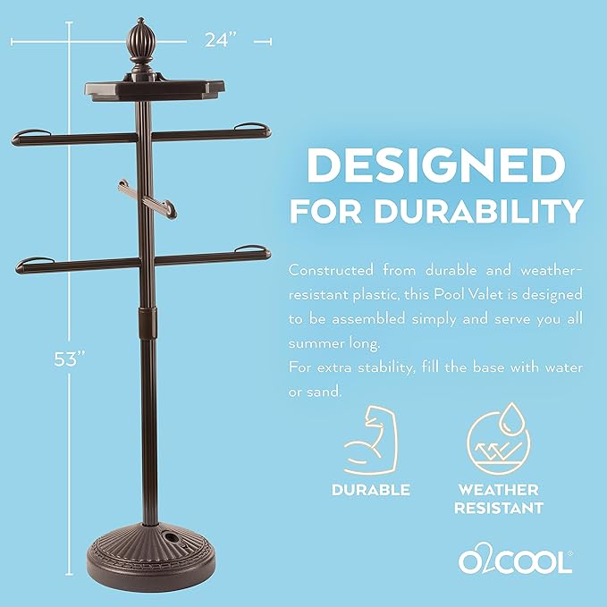 O2COOL Pool & Spa Valet, Adjustable Pool & Patio Towel Holder with Weighted Base, Outdoor Towel Bar, Poolside Table, Bronze