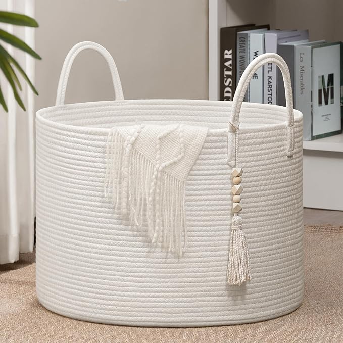 Goodpick Large Laundry Basket Decorative White Basket for Blankets, Baby Storage Basket for Nursery, Living Room, Bedroom, Big Rope Hamper 17.7 x 12.6 Inches, White