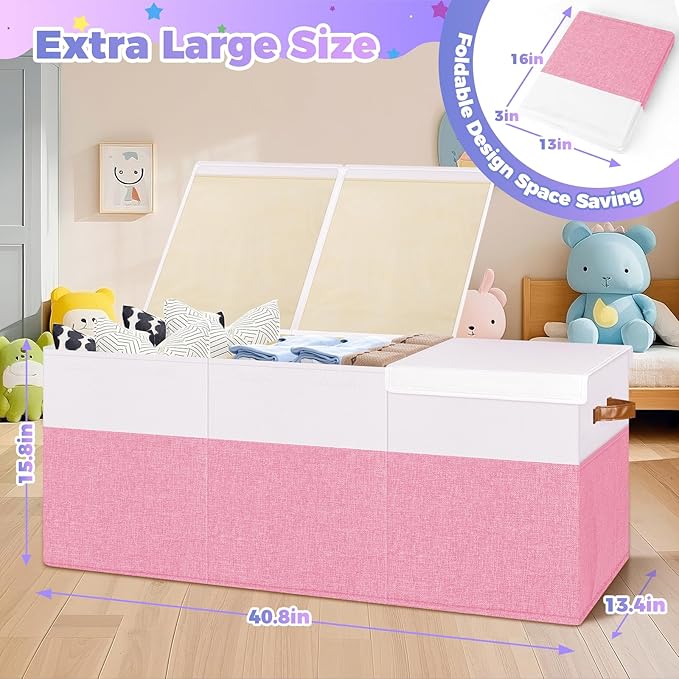 Extra Large Toy Storage Box with Lid, Collapsible Sturdy Toys Chest Storage Organizer Bin Basket with Divider for Kids, Boys, Girls, Closet, Playroom, Bedroom, Nursery, 40"X14"X16", Pink & White