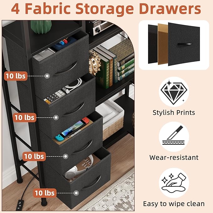 Corner Bookshelf with LED Light Strips & 4 Fabric Drawers, 5-Tier Convertible Corner Shelf with Display Shelf, Large Wood Industrial Bookcase for Living Room, Bedroom, Home Office, Black