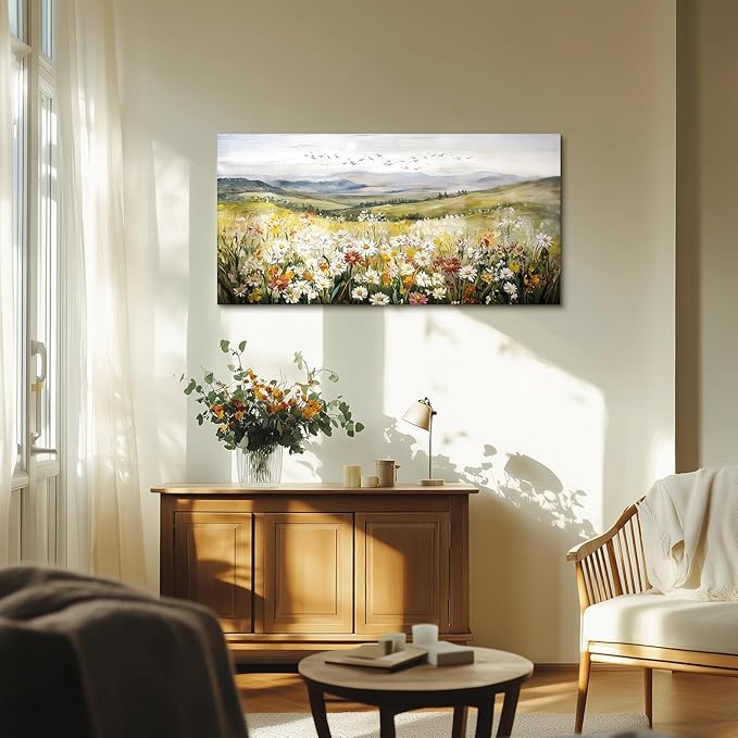 SERIMINO Mountain Floral Landscape Wall Art, Daisy Wildflower Large Canvas Painting, Hill Sunrise Scenery Wall Pictures, Modern Country Aesthetic Wall Decor Living Room Bedroom Art Prints 24X48 Inch