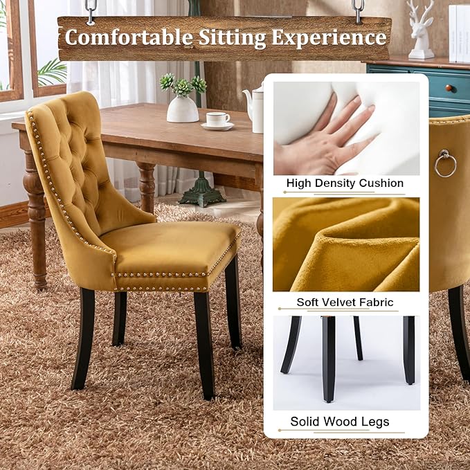 Goujxcy 78.7" Farmhouse Extendable Dining Room Table Set for 6, 7-Piece Rectangle Kitchen Dining Room Table Set with Wood Base and 6 Yellow Velvet Dining Chairs, Extending Kitchen & Dining Table Set