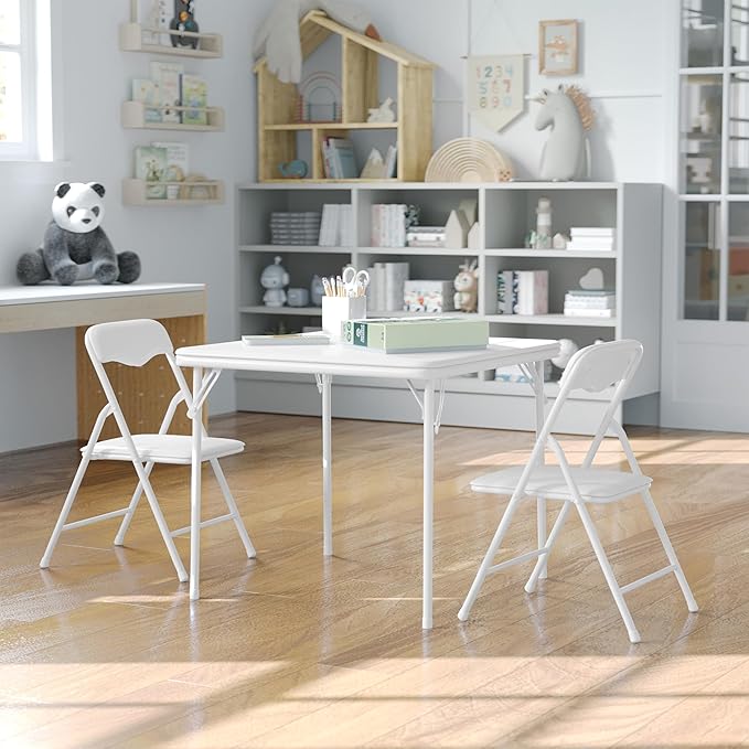 Flash Furniture Mindy Kids 3-Piece Folding Table and Chairs Set for Daycare and Classrooms, Children's Activity Table and Chairs Set, White