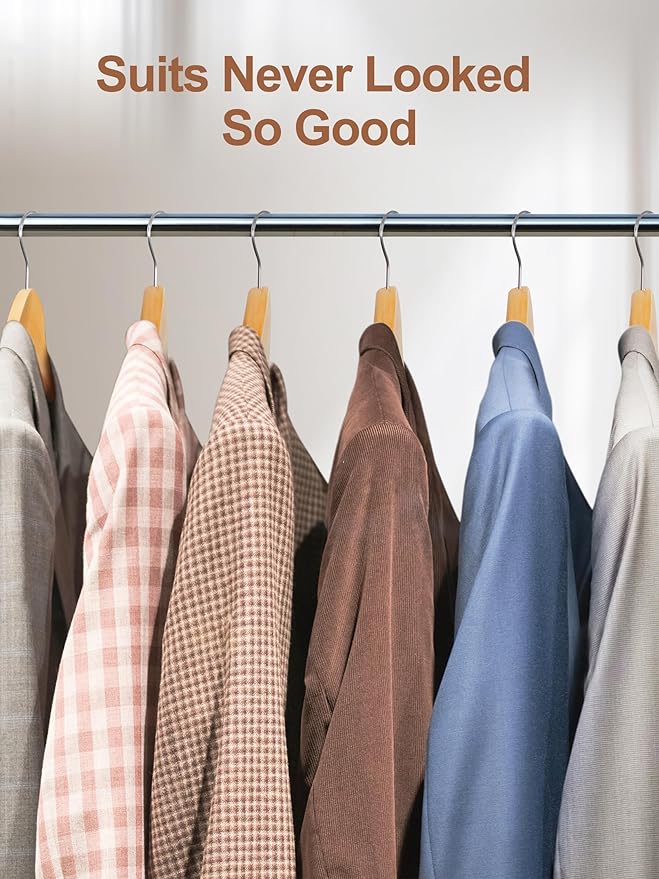 HOUSE DAY Wood Suit Hangers for Men, Smooth Wide Shoulder Wooden Hanger with Non Slip Pant Holder, Wide Hangers for Suits, Coats, Jackets, Heavy Wide Clothes Hanger 2 Pack, Natural