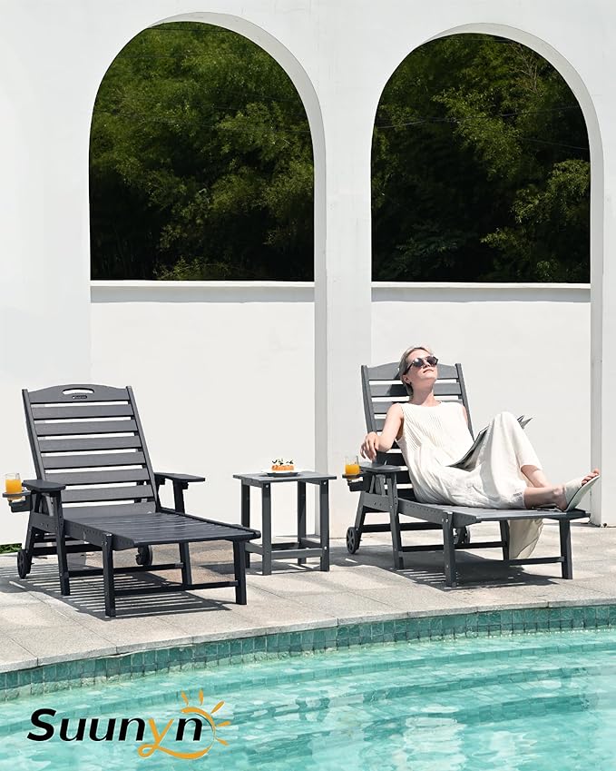 Lounge Chair Outdoor Set of 2, HDPE Chaise Lounge Outdoor with 6-Position & Wheels &Cup Holder, Pool Lounge Chair for Pool Poolside Deck Backyard Patio, Grey