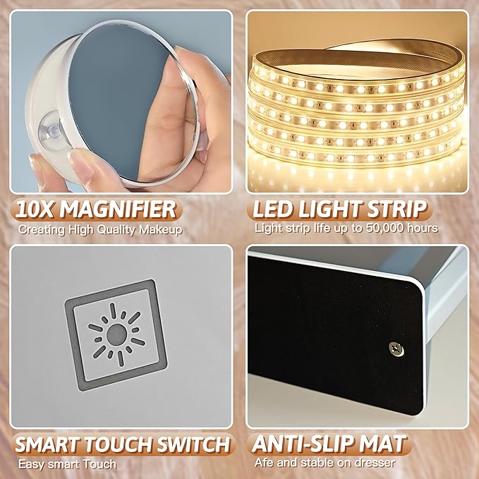 FENNIO Vanity Mirror with Lights, 12" x 16" Lighted Makeup Mirror with Smart Touch Control, 3 Color Modes & Brightness Adjustable, LED Makeup Mirror with 10X Magnification, 360° Rotation for Bedroom