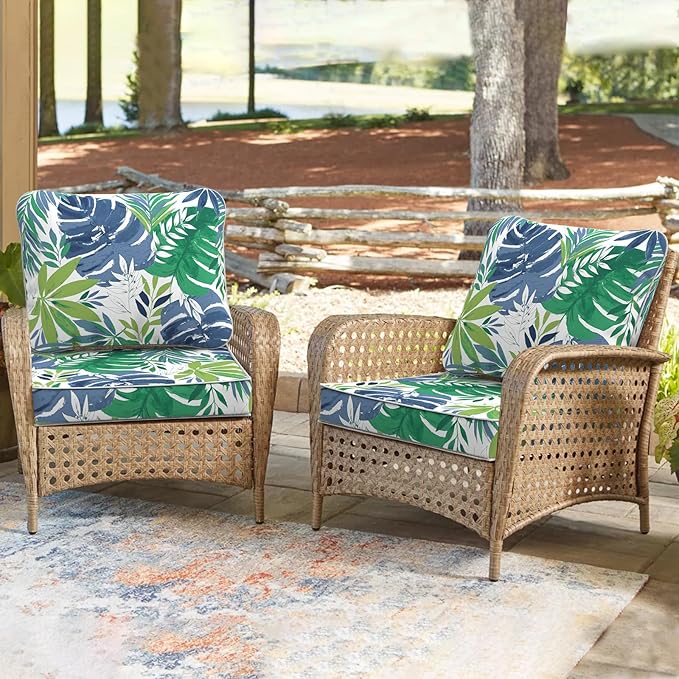 Outdoor Deep Seat Cushions Set 24 x 24 Inch for Patio Furniture,Water Resistant Chair Cushions Replacement Includes Seat Cushion & Back Pillow for Couch, Wicker Chair - Islamorada Blue Green