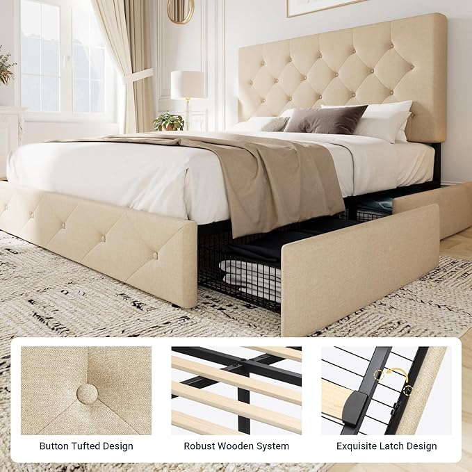 Allewie Upholstered Queen Size Platform Bed Frame with 4 Storage Drawers and Headboard, Diamond Stitched Button Tufted, Mattress Foundation with Wooden Slats Support, No Box Spring Needed, Beige