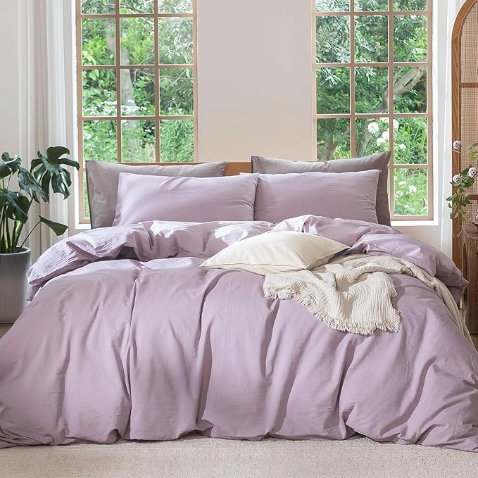 MooMee Bedding Duvet Cover Set 100% Washed Cotton Linen Like Textured Breathable Durable Soft Comfy (Heathered Light Purple, Queen 90"x90")