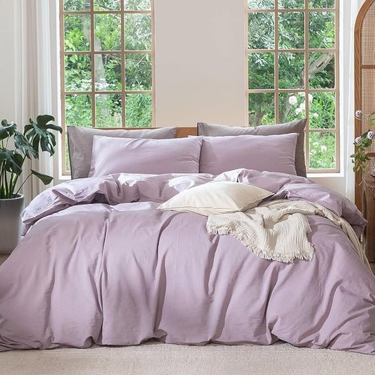 MooMee Bedding Duvet Cover Set 100% Washed Cotton Linen Like Textured Breathable Durable Soft Comfy (Heathered Light Purple, Full 80"x90")