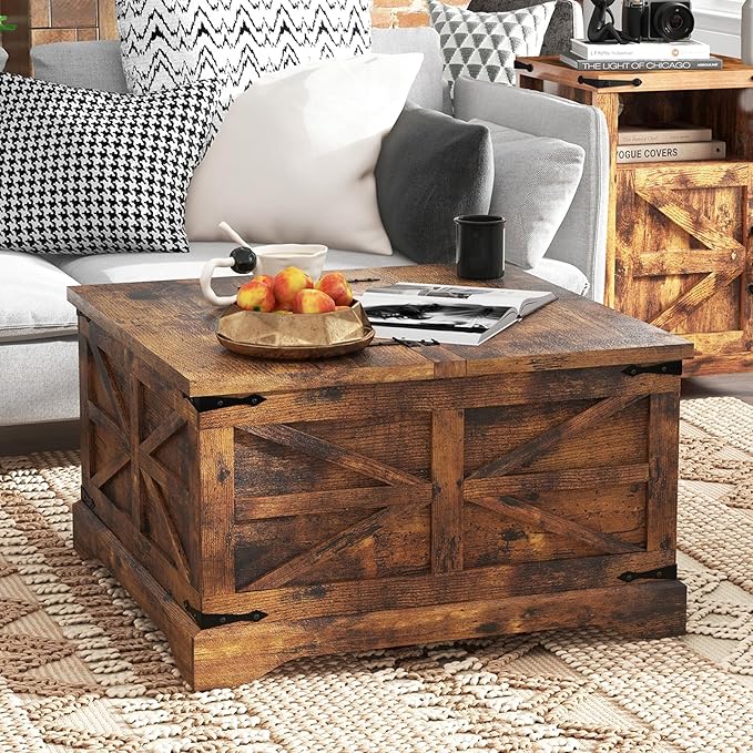 oneinmil Farmhouse Coffee Table with Storage Organizer, Square Coffee Tables with Large Storage Space, Center Table for Living Room, Bedroom, Home Office, Rustic Brown