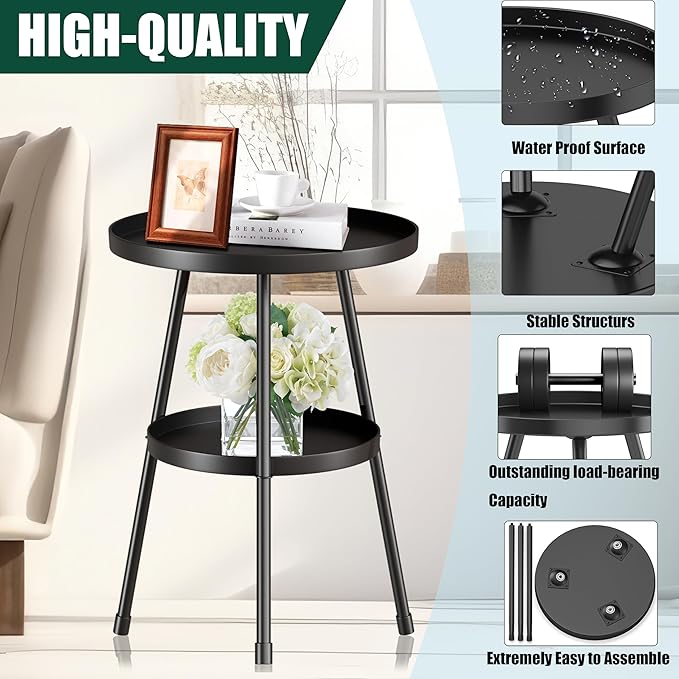Small Side Table Round 2 Tier End Table Metal Round Coffee Tables Nightstand for Small Spaces Indoor Outdoor and Living Room Bedroom or Office