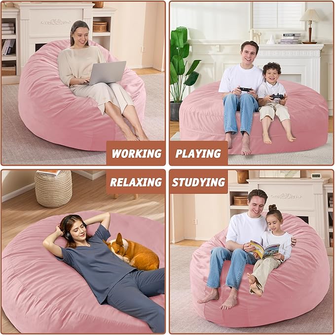 7FT Bean Bag Chair with Ultra Soft Velvet Cover Bean Bag Sofa with Memory Foam Bean Bag Chairs with Large Size Lazy Sofa for Dorm Office Living Room Bedroom Light Pink 7'