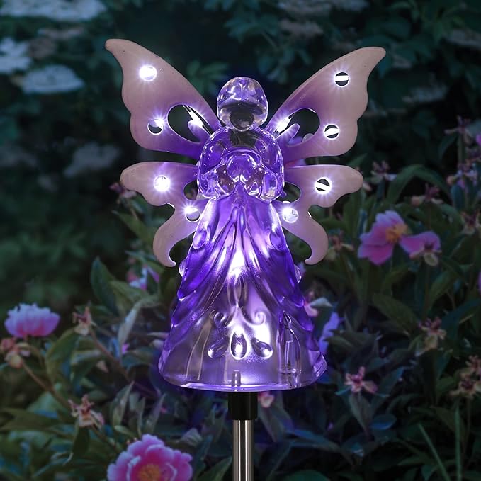 Exhart Garden Solar Lights, Decorative Angel Garden Stake, 12 LEDs, Cute Yard and Pathway Decor, Purple, 4 x 34 Inch