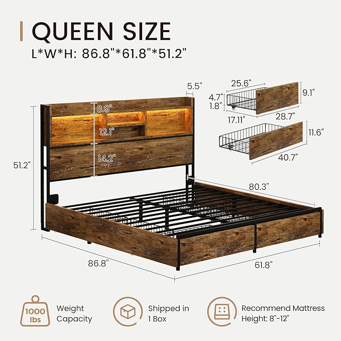 Queen Storage Bed Frame with 6 Drawers, USB Charging Station, No Noise, No Box Spring Required, Vintage Brown Headboard Platform Bed